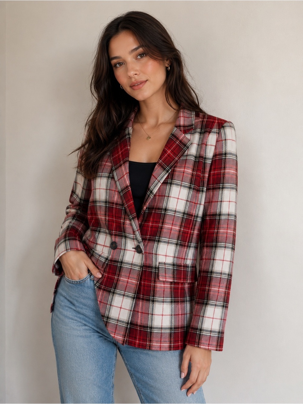 H&M Red & Tan Plaid Blazer – Size 4